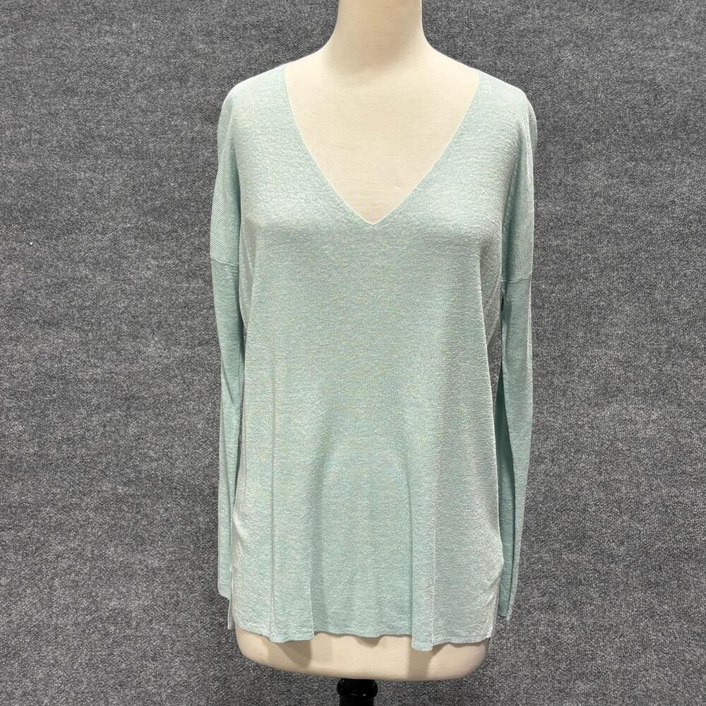 Theory Sweater Womens Small Green Linen V Neck Dolman Sleeve Lightweight Knit